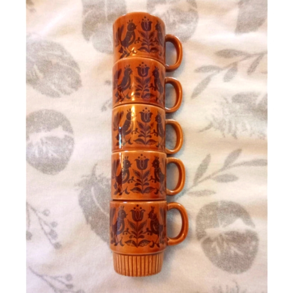 Vintage Stacking Mugs Cups Birds Made in Japan 70's MCM Set of 5